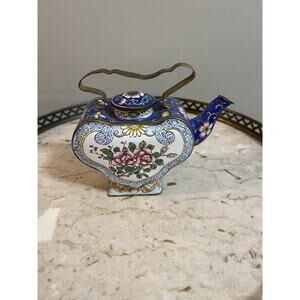 Miniature White Blue Enamel Cloisonne Style Colorful Floral Mini Teapot